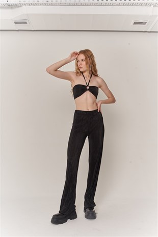 Kadın Siyah Crop Bağlamalı Cardy Bluz