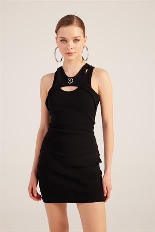 Halter Yakalı Fitilli Mini Carlin Elbise Siyah