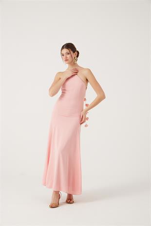 Askıları Yaprak Detaylı Uzun Raina Elbise Pembe