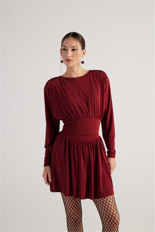 Beli Korse Görünümlü Vatkalı Mini Jade Elbise Bordo