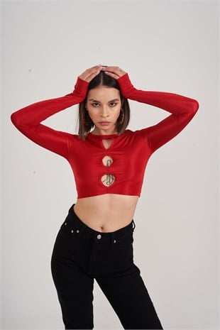 Bisiklet Yaka Uzun Kol Göğüs Detaylı Crop Frank Bluz Kırmızı
