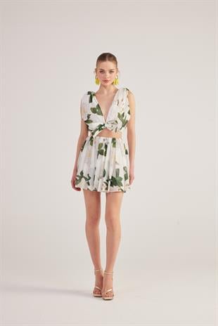 Çiçekli Çıkarılabilir Kurdele Aksesuarlı Şifon Frances Takım Beyaz