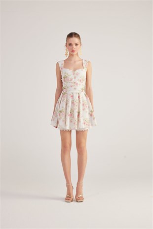 Eteği Brode Detaylı Çiçekli Mini Romance Elbise Pembe
