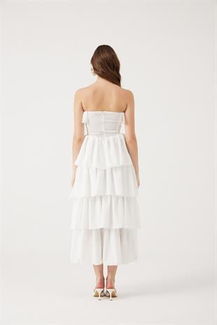 Straplez Fırfırlı Uzun Gracie Elbise Beyaz