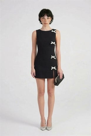 Kurdela Detaylı Yırtmaçlı Mini Nicola Elbise Siyah