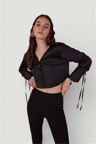Özel Dokulu Saten Crop Silky Gömlek Siyah