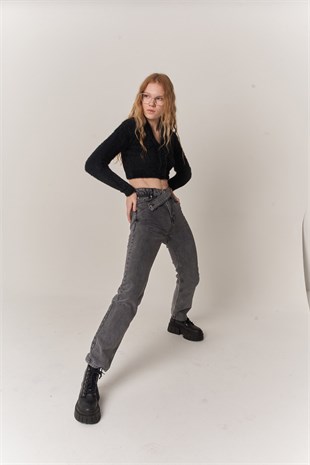 Kadın Gri Denim Kumaş Yüksel Bel Straight Kesim Fuerza Jean Pantolon