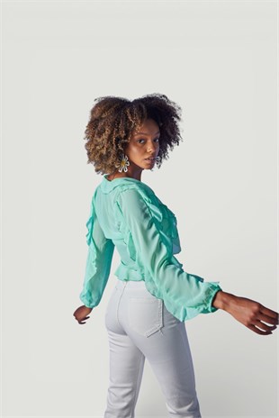 Crop Model Bağlamalı Kol Detaylı Elsa Bluz Yeşil
