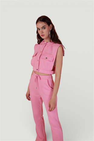 Kapişonlu Çıtçıt Kapamalı 3 İplik Jura Yelek Pembe