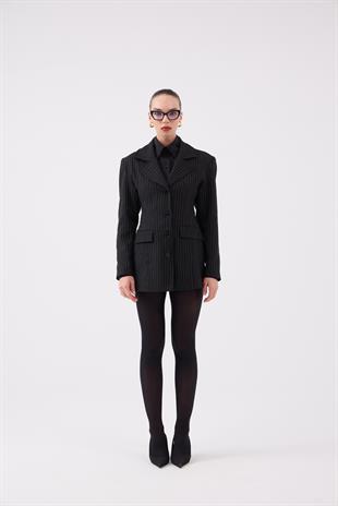 Karen Black Striped Fitted Blazer Jacket with Waistband