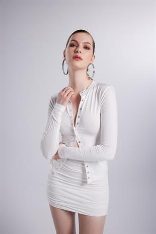 Çıtçıtlı Uzun Kollu Anna Bluz Beyaz