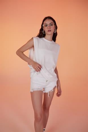 Pamuklu Unisex Kol Altı Açık Oversize Army Tshirt Beyaz