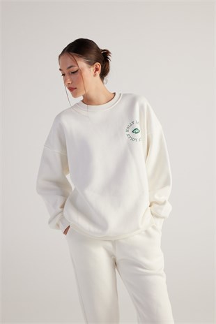 3 İplik Şardonlu Uzun Kol Bisiklet Yaka Fine Sweatshirt Ekru