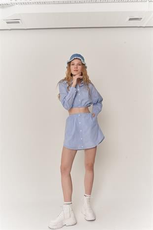 Kadın Mavi Mini Etek Crop Gömlek Lastikli Düğme Kapamalı Cindy Alt Üst Takım