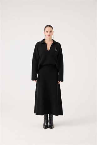 Oversize Kesim Polo Yaka Zoi Triko Kazak Siyah