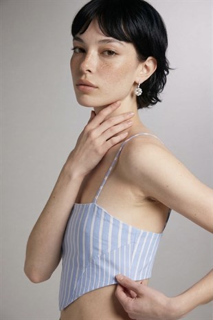 Askılı Çizgili Harmony Poplin Büstiyer Mavi