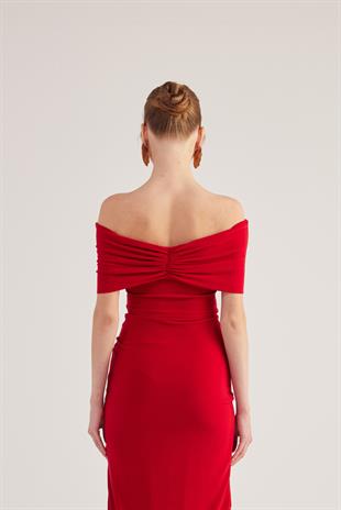 Madonna Yaka Yırtmaçlı Uzun Leila Elbise Kırmızı