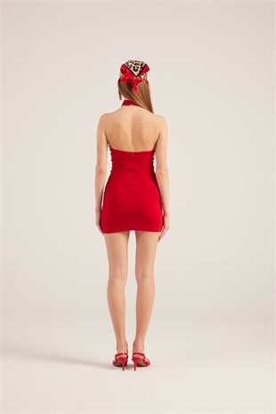 Halter Yaka Büzgülü Mini Perla Elbise Kırmızı