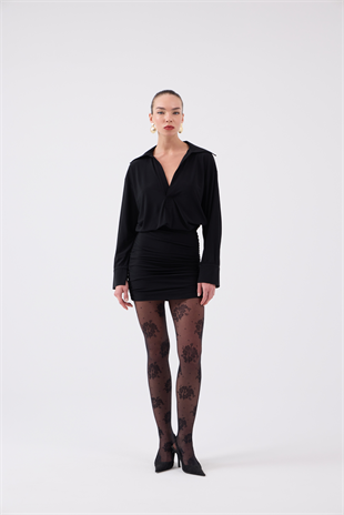 Eteği Büzgü Detaylı Gömlek Yaka Jaida Elbise Siyah