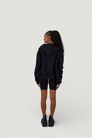 Uzun Kol Kapüşonlu Fermuar Kapamalı Hoody Sweatshirt Siyah