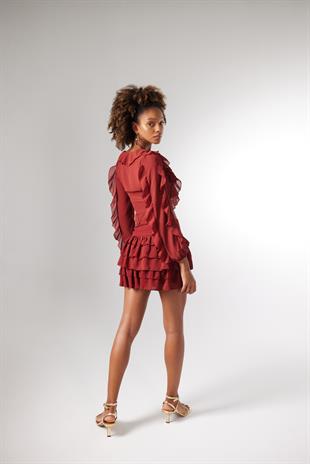 Beli Lastikli Volanlı Mini Elsa Etek Kahve