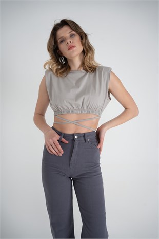 Bel Bağlamalı Crop Candy Tshirt Gri