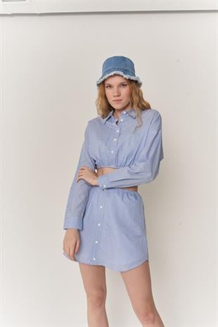 Kadın Mavi Mini Etek Crop Gömlek Lastikli Düğme Kapamalı Cindy Alt Üst Takım