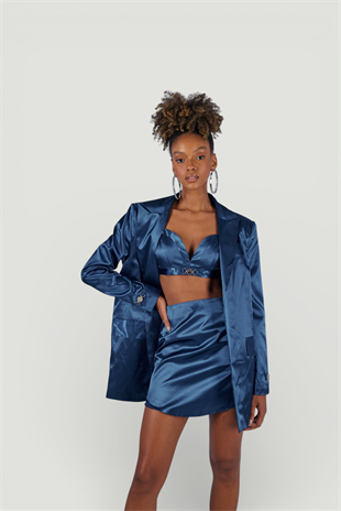 Vatkalı Uzun Kol Astarlı Saten Fancy Blazer Ceket Lacivert