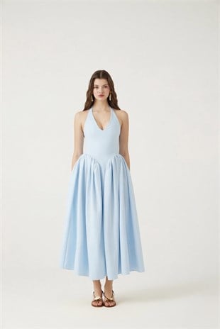 Boyundan Bağlamalı Bele Oturan Uzun Ophelia Elbise Mavi
