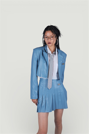 Fermuar Kapamalı Pileli Mini College Deri Etek Mavi