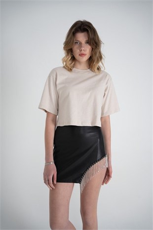 Kısa Kol Bisiklet Yaka Basic Viole Tshirt Bej