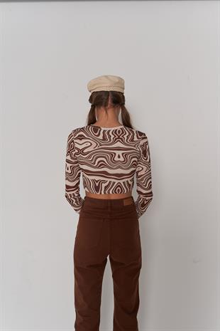 Crop Model Düğme Kapamalı Uzun Kol Lufo Bluz Kahverengi