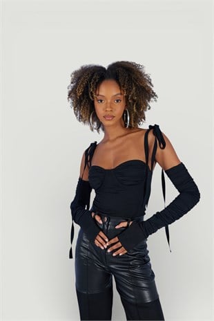 Çıkarılabilir Kollu Fiyonk Bağlamalı Ribbon Bodysuit Siyah