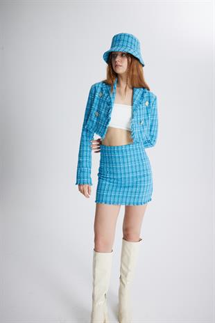 Tüvit Kumaş Crop Tweed Ceket Mavi