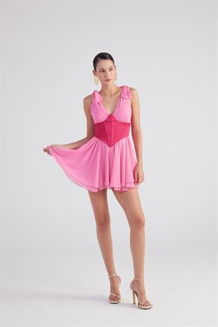 Çıkarılabilir Korseli Gloplu Mini Şifon Fiona Elbise Pembe