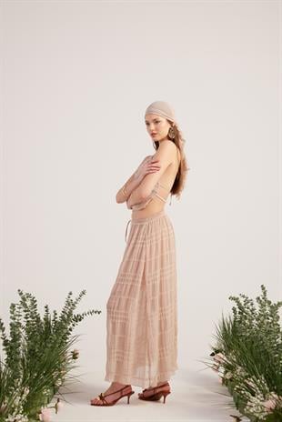 Şal Detaylı Etek Bluz Üçlü Bohemy Takım Bej