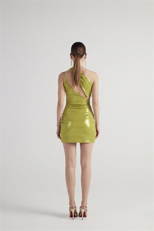 Tek Omuz Detaylı Parlak Mini Thea Elbise Yeşil