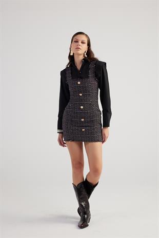 Metal Düğme Detaylı Mini Tweed Elbise Siyah