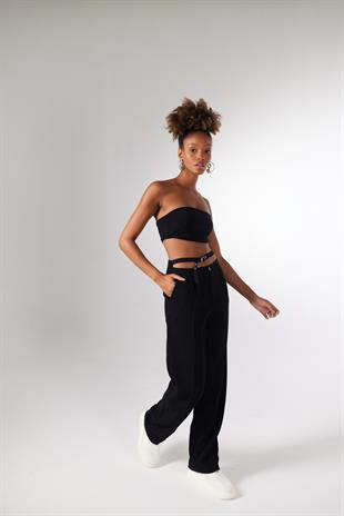 Straight Kesim Kemer Detaylı Kumaş Wesley Pantolon Siyah