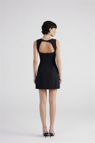 Kurdela Detaylı Yırtmaçlı Mini Nicola Elbise Siyah