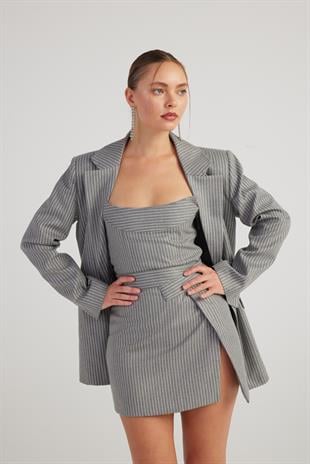 Oversize Kesim Simli Çizgili Eden Blazer Ceket Gri