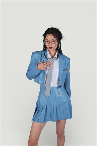 Crop Model Astarlı College Ceket Mavi