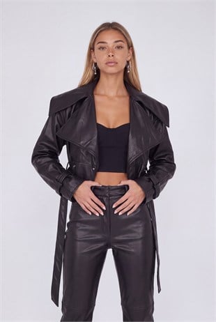 Crop Model Astarlı Kemerli Neeko Deri Ceket Siyah
