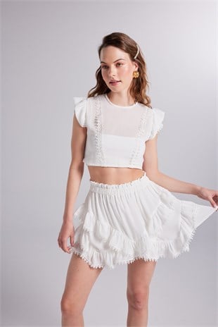 Brode Detaylı Crop Pixie Bluz Beyaz