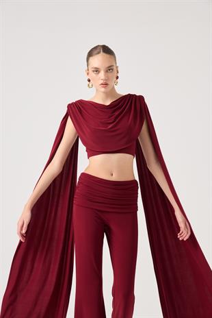 Şal Detaylı Bluz ve İspanyol Pantolonlu Finley Takım Bordo