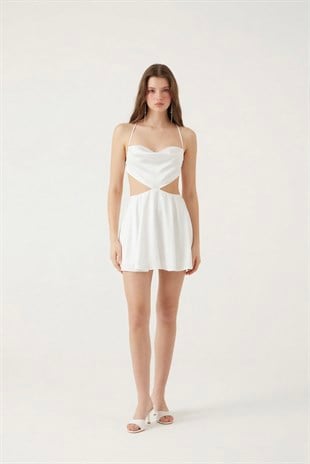 Sırt Dekolteli Saten Mini Sheri Elbise Beyaz