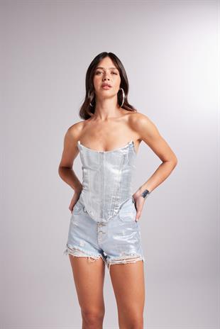 Özel Yapım Parlak Kaplamalı Glossy Jean Şort Mavi