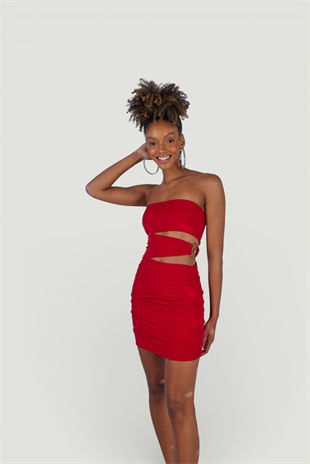 Straplez Mini Buble Elbise Kırmızı