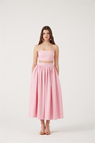 Cepli Uzun Etek ve Crop İkili Isabella Takım Pembe