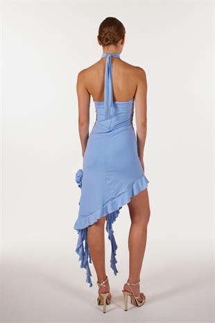 Çiçek Detaylı Fırfırlı Rosanna Elbise Mavi